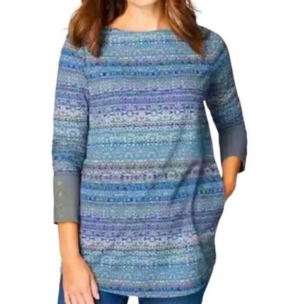J. Jill waffled fair isle purple blue long sleeve blouse xs